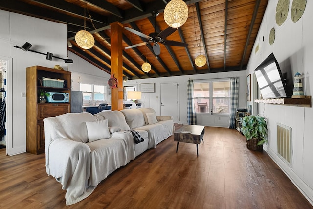 16519 Captain Kidd Rd, Jamaica Beach, TX 77554 - living room with wood finished floors, wooden ceiling, and a ceiling fan