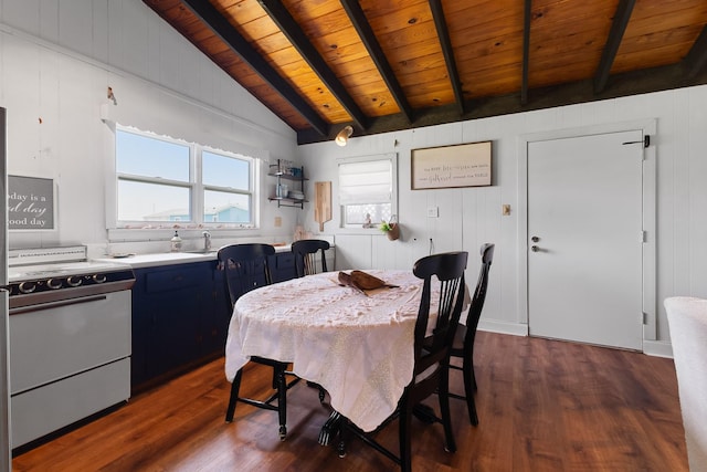 16519 Captain Kidd Rd, Jamaica Beach, TX 77554 - dining area with wood ceiling and dark wood-style floors