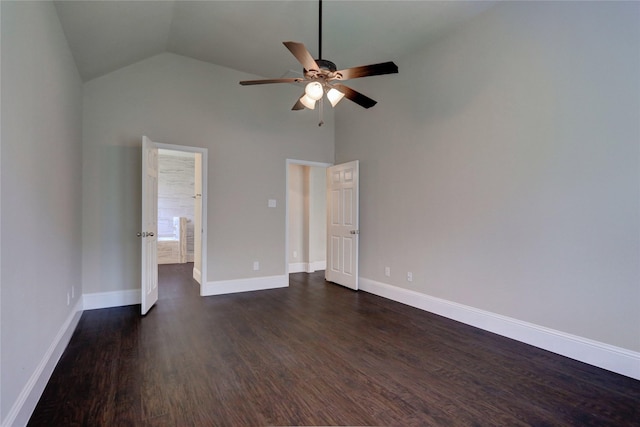10567 Sunflower Dr, Conroe, TX 77318 - unfurnished bedroom with dark wood finished floors, baseboards, high vaulted ceiling, and ceiling fan