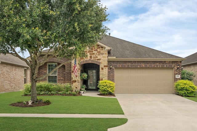 231 Ranch House Ln, Richmond, TX 77469 - view of front of house with brick siding, driveway, roof with shingles, a garage, and a front yard