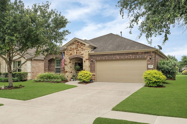 231 Ranch House Ln, Richmond, TX 77469 - french country inspired facade with a garage, concrete driveway, a front lawn, and a shingled roof