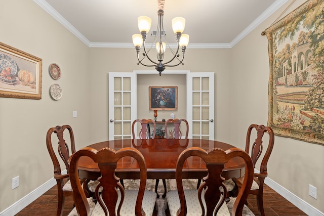 231 Ranch House Ln, Richmond, TX 77469 - dining area featuring a chandelier, ornamental molding, and dark wood-style flooring