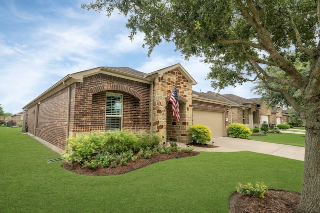 231 Ranch House Ln, Richmond, TX 77469 - view of front of house featuring brick siding, a garage, a front yard, driveway, and roof with shingles