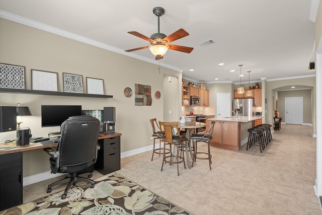 231 Ranch House Ln, Richmond, TX 77469 - dining area featuring arched walkways, a ceiling fan, crown molding, recessed lighting, and a desk