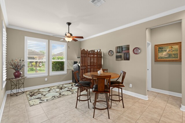 231 Ranch House Ln, Richmond, TX 77469 - dining space with light tile patterned floors, crown molding, and a ceiling fan