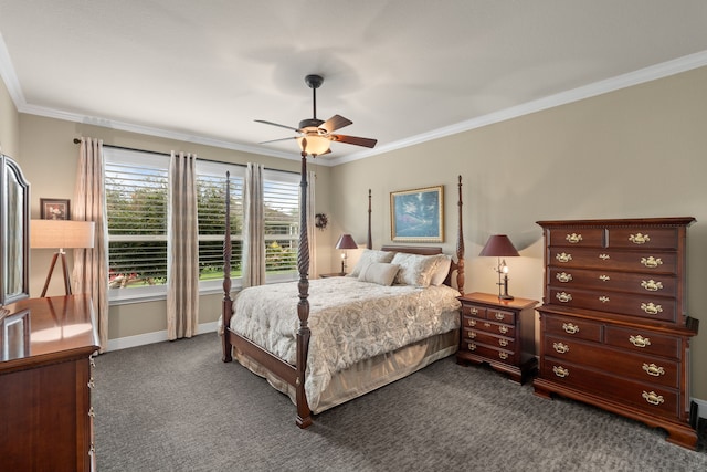 231 Ranch House Ln, Richmond, TX 77469 - bedroom featuring dark carpet, crown molding, and ceiling fan