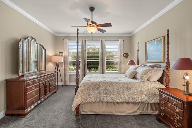 231 Ranch House Ln, Richmond, TX 77469 - bedroom with dark carpet, crown molding, and ceiling fan