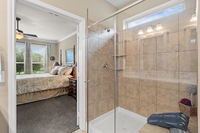 231 Ranch House Ln, Richmond, TX 77469 - full bath with ensuite bathroom, crown molding, a stall shower, and ceiling fan