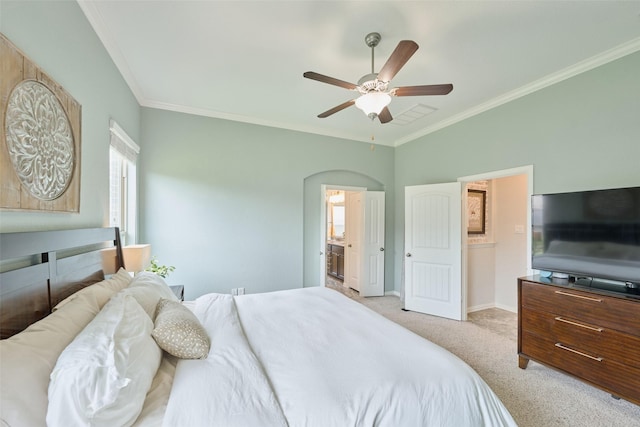 2947 Twin Cove Ct, Conroe, TX 77301 - carpeted bedroom featuring crown molding, arched walkways, ceiling fan, and connected bathroom