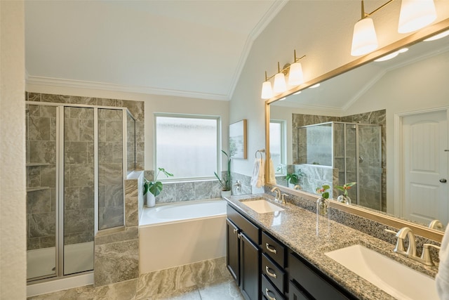 2947 Twin Cove Ct, Conroe, TX 77301 - full bath featuring vaulted ceiling, a shower stall, double vanity, a garden tub, and ornamental molding