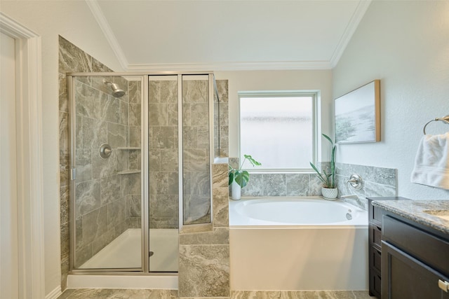 2947 Twin Cove Ct, Conroe, TX 77301 - bathroom featuring ornamental molding, a garden tub, a stall shower, and vanity