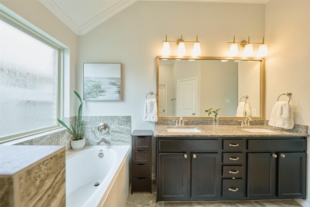 2947 Twin Cove Ct, Conroe, TX 77301 - full bath featuring crown molding, double vanity, a garden tub, and lofted ceiling