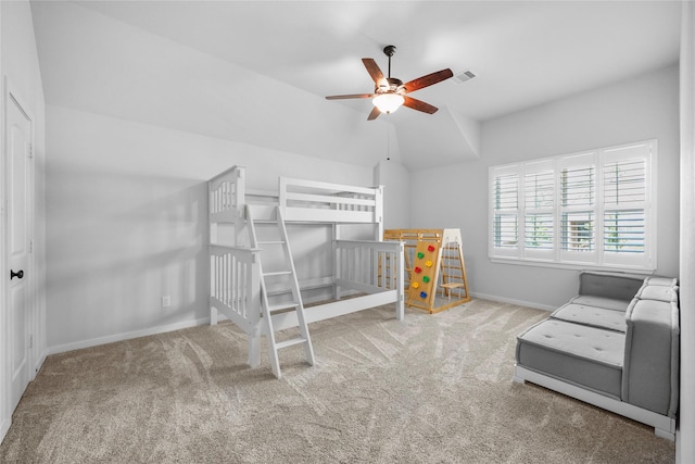 17346 Camillia Trl, Conroe, TX 77302 - carpeted bedroom featuring baseboards, lofted ceiling, and ceiling fan