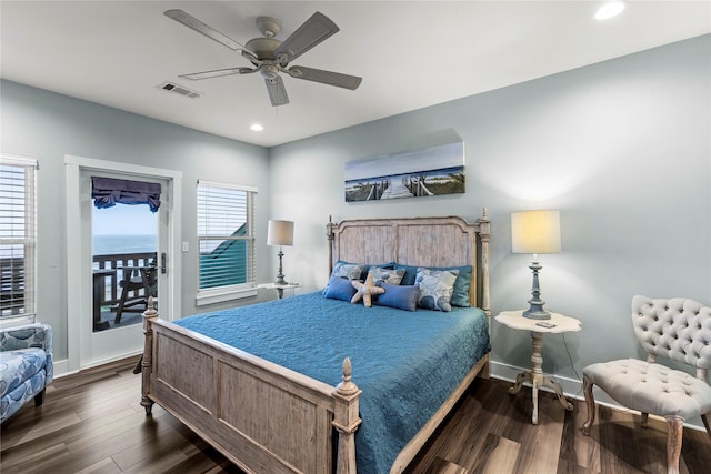 1317 Emerald Dr, Crystal Beach, TX 77650 - bedroom featuring access to outside, dark wood finished floors, recessed lighting, baseboards, and a ceiling fan