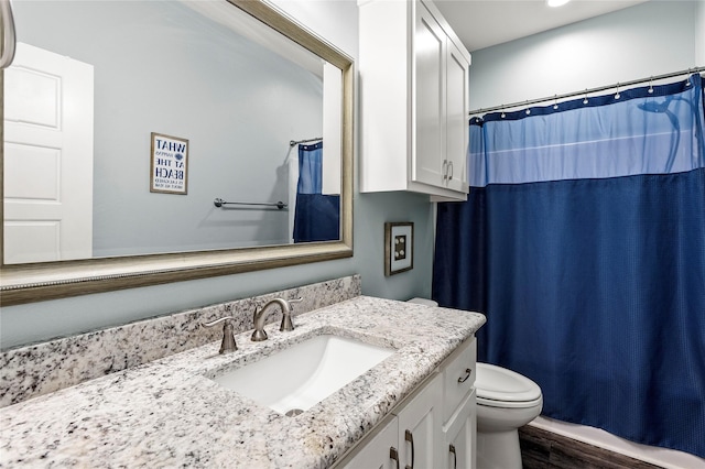 1317 Emerald Dr, Crystal Beach, TX 77650 - full bathroom featuring vanity, toilet, wood finished floors, and a shower with shower curtain