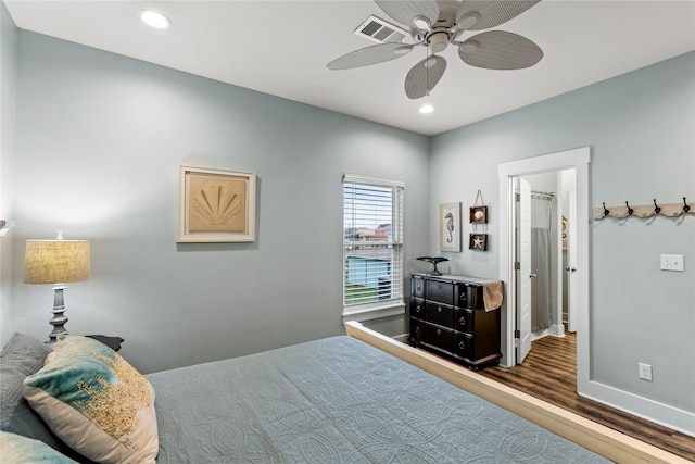 1317 Emerald Dr, Crystal Beach, TX 77650 - bedroom with wood finished floors, baseboards, recessed lighting, and ceiling fan
