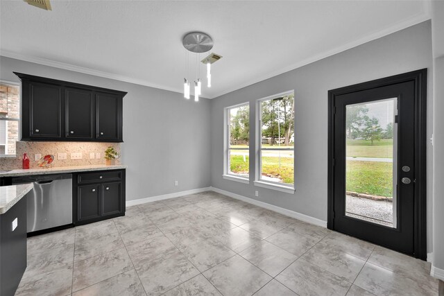13646 Leafy Arbor Dr, Montgomery, TX 77356 - kitchen with stainless steel dishwasher, dark cabinets, light stone counters, ornamental molding, and tasteful backsplash