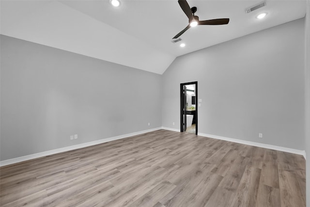13646 Leafy Arbor Dr, Montgomery, TX 77356 - empty room featuring a ceiling fan, vaulted ceiling, wood finished floors, baseboards, and recessed lighting