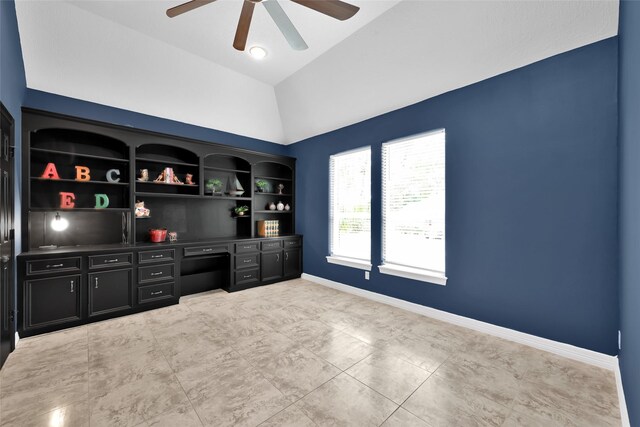 13646 Leafy Arbor Dr, Montgomery, TX 77356 - unfurnished office featuring lofted ceiling, a ceiling fan, and baseboards