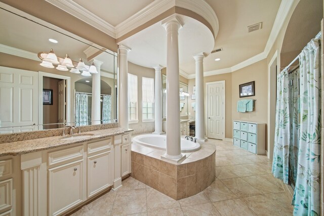 8314 Kelsey Pass, Missouri City, TX 77459 - full bathroom featuring ornate columns, a garden tub, vanity, crown molding, and curtained shower