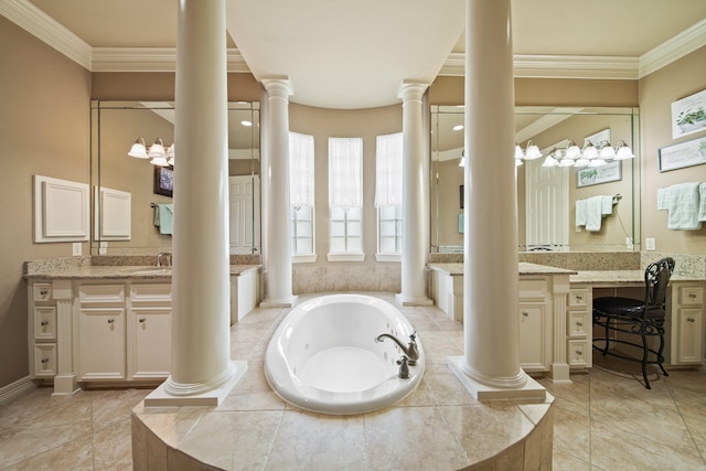 8314 Kelsey Pass, Missouri City, TX 77459 - bathroom with ornate columns, vanity, a jetted tub, and ornamental molding