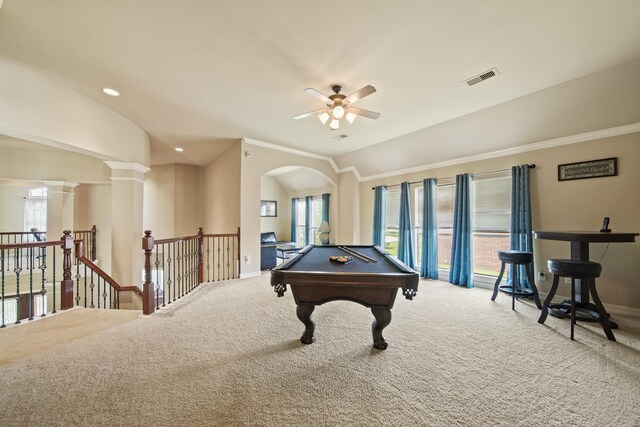 8314 Kelsey Pass, Missouri City, TX 77459 - game room with carpet flooring, vaulted ceiling, ceiling fan, billiards table, and baseboards