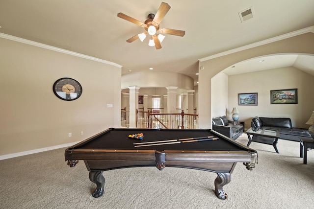 8314 Kelsey Pass, Missouri City, TX 77459 - recreation room with carpet floors, ceiling fan, ornamental molding, pool table, and baseboards