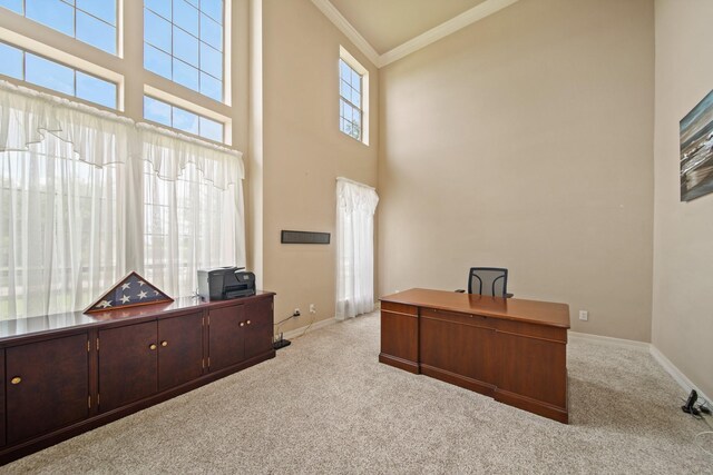 8314 Kelsey Pass, Missouri City, TX 77459 - carpeted home office featuring baseboards, ornamental molding, and a high ceiling