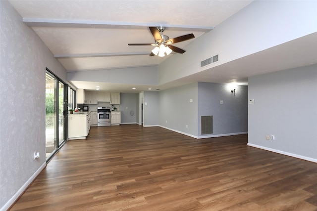 3903 Coltwood Dr, Spring, TX 77388 - unfurnished living room with a ceiling fan, beam ceiling, baseboards, dark wood-type flooring, and high vaulted ceiling