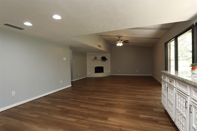 3903 Coltwood Dr, Spring, TX 77388 - unfurnished living room with ceiling fan, baseboards, dark wood-style floors, a fireplace, and recessed lighting