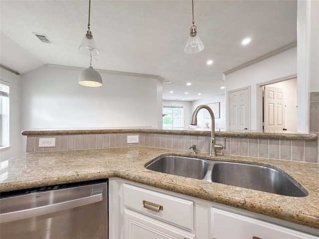 15319 Ochre Leaf Trl, Cypress, TX 77433 - kitchen featuring dishwasher, a sink, ornamental molding, white cabinets, and light stone countertops