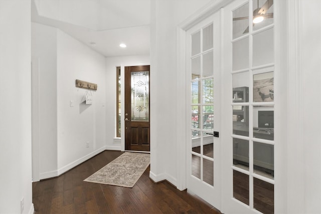 27121 Holtwood Grove Rd, Magnolia, TX 77354 - entryway featuring dark wood-style flooring, baseboards, recessed lighting, and french doors