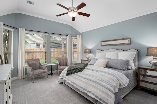 27121 Holtwood Grove Rd, Magnolia, TX 77354 - bedroom featuring lofted ceiling, ornamental molding, light carpet, baseboards, and ceiling fan