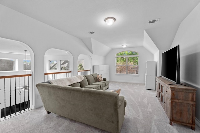 27121 Holtwood Grove Rd, Magnolia, TX 77354 - living area with carpet floors, lofted ceiling, and baseboards