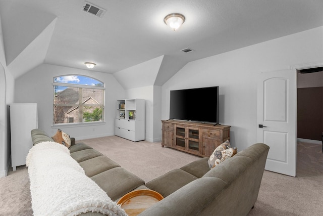 27121 Holtwood Grove Rd, Magnolia, TX 77354 - living room with light colored carpet, baseboards, and vaulted ceiling