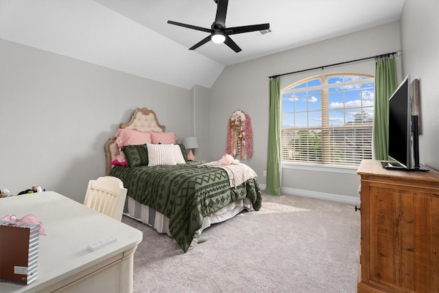 27121 Holtwood Grove Rd, Magnolia, TX 77354 - bedroom featuring light colored carpet, baseboards, vaulted ceiling, and a ceiling fan
