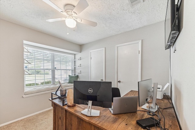 2515 Spring Dusk Ln, Spring, TX 77373 - office space with ceiling fan, a textured ceiling, baseboards, and carpet