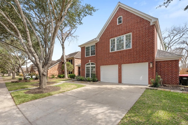 3106 Five Oaks Dr, Missouri City, TX 77459 - view of front facade featuring brick siding, concrete driveway, an attached garage, a shingled roof, and a front yard