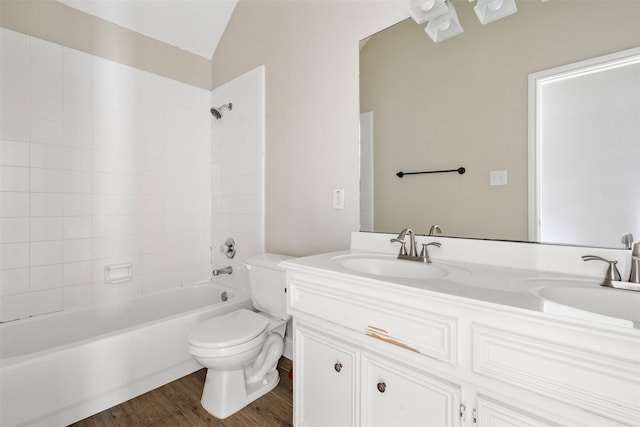 3106 Five Oaks Dr, Missouri City, TX 77459 - full bath with double vanity,  shower combination, wood finished floors, and lofted ceiling