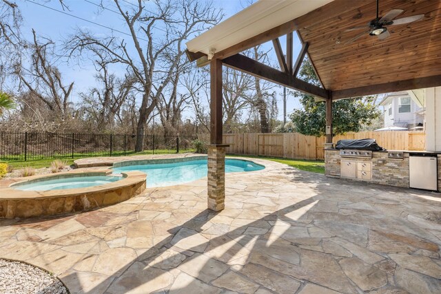 3106 Five Oaks Dr, Missouri City, TX 77459 - view of swimming pool featuring area for grilling, an in-ground hot tub, a fenced backyard, a ceiling fan, and a patio area