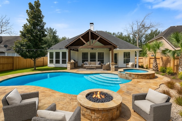 3106 Five Oaks Dr, Missouri City, TX 77459 - view of pool featuring an outdoor living space with a fire pit, a patio, a ceiling fan, and a fenced backyard