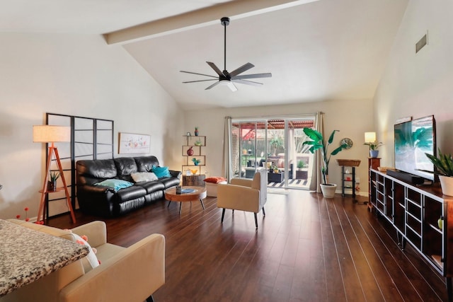 10711 Kirkside Dr, Houston, TX 77096 - living room with a ceiling fan, dark wood-style flooring, beamed ceiling, baseboards, and high vaulted ceiling