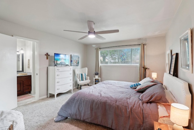 10711 Kirkside Dr, Houston, TX 77096 - bedroom featuring light carpet, a ceiling fan, and connected bathroom