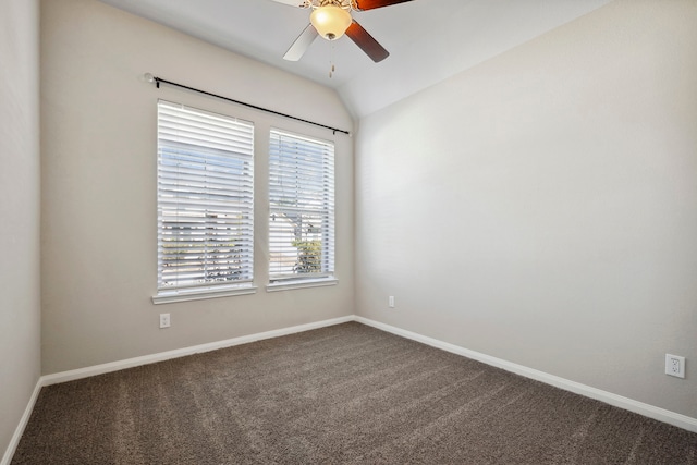 7918 Summit Trail Ln, Porter, TX 77365 - unfurnished room featuring a ceiling fan, dark colored carpet, baseboards, and lofted ceiling