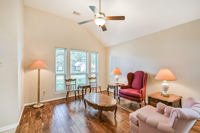 610 Bayou Bend Dr, Deer Park, TX 77536 - sitting room with baseboards, wood finished floors, ceiling fan, and high vaulted ceiling