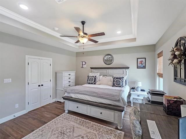 14845 Norma Jane Ln, Beaumont, TX 77713 - bedroom featuring a raised ceiling, wood finished floors, crown molding, baseboards, and recessed lighting