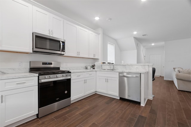 21487 Austell Pond Dr, Porter, TX 77365 - kitchen featuring appliances with stainless steel finishes, open floor plan, a peninsula, dark wood-style flooring, and white cabinetry