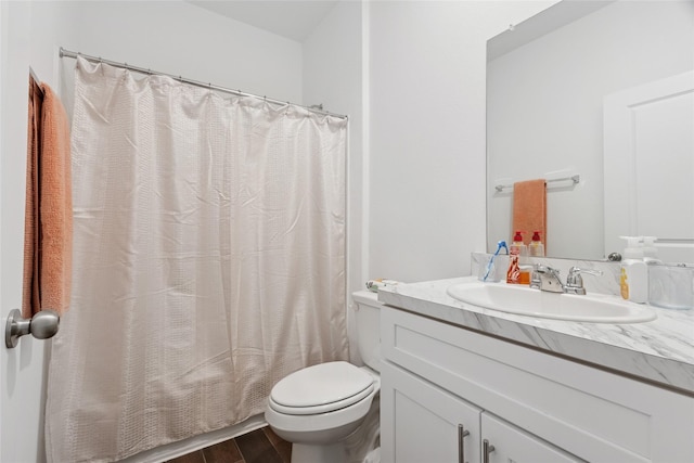 21487 Austell Pond Dr, Porter, TX 77365 - bathroom featuring vanity, toilet, wood finished floors, and shower / bathtub combination with curtain