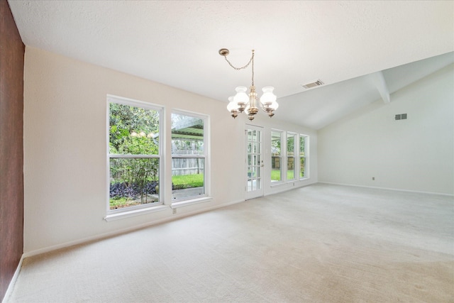 2719 Williams Grant St, Sugar Land, TX 77479 - unfurnished room with a chandelier, vaulted ceiling, light colored carpet, and baseboards