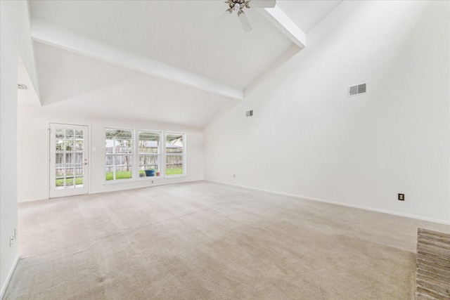 2719 Williams Grant St, Sugar Land, TX 77479 - unfurnished living room with beam ceiling, carpet flooring, a ceiling fan, high vaulted ceiling, and baseboards